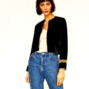 New - ZARA Black Velvet Cropped Jacket Blazer Gold Trim Appliqué Military Small